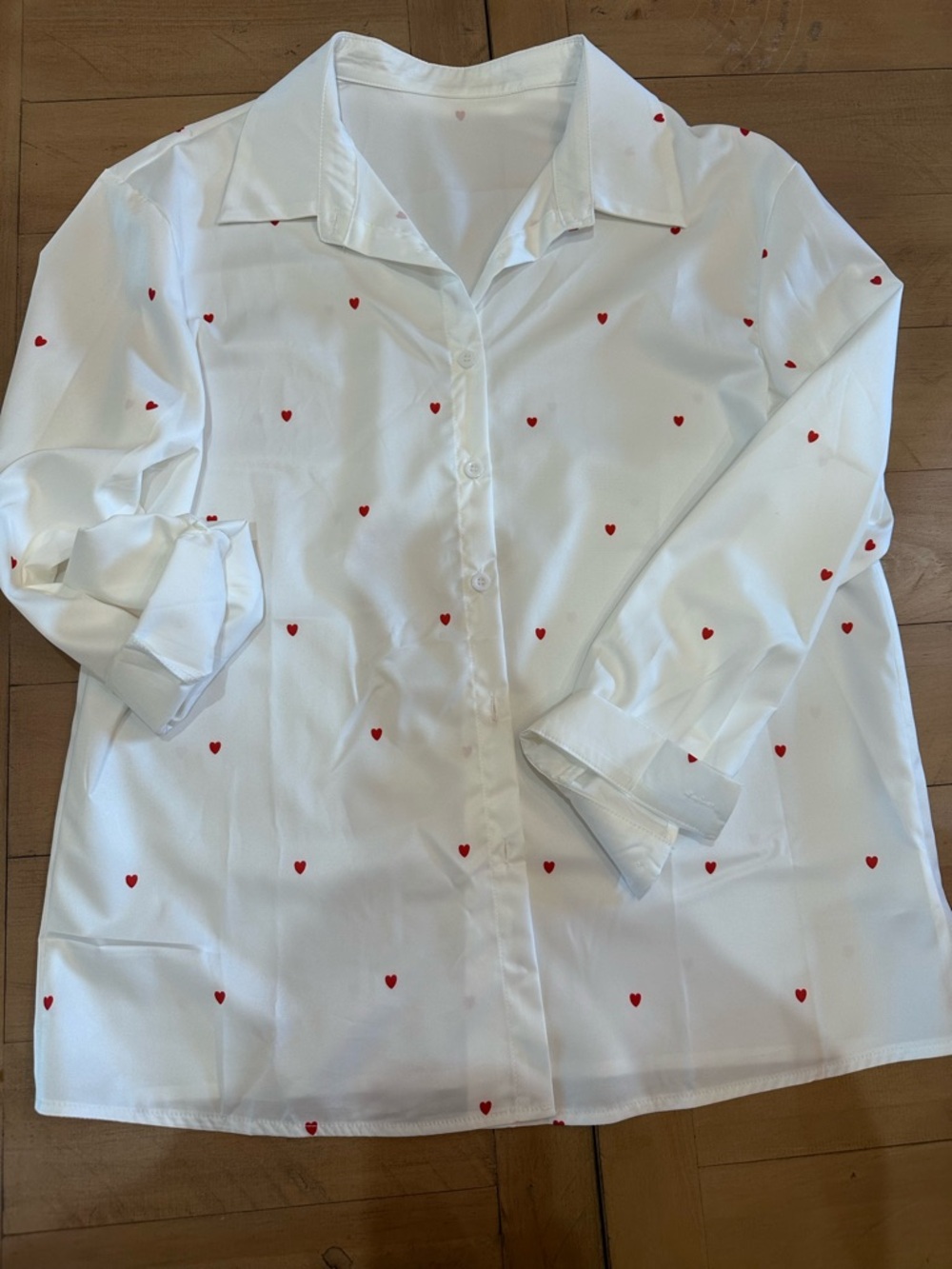 SHEIN White Long Sleeve Button-Up Shirt with Red Heart Print